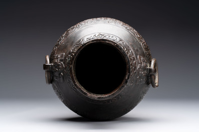 A Chinese archaistic bronze 'hu' vase with chilong design, Song/Yuan