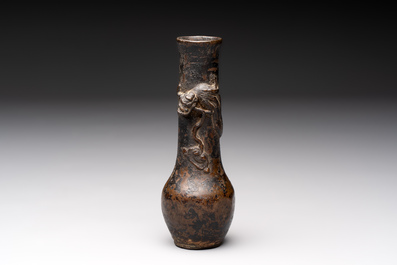 A small Chinese bronze vase with a chilong on a wooden stand, Yuan