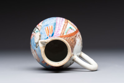 A Chinese famille rose export milk jug, two salts and a barrel-shaped tankard, Qianlong