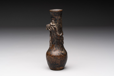 A small Chinese bronze vase with a chilong on a wooden stand, Yuan