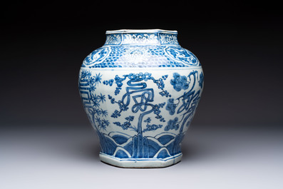 A Chinese blue and white hexagonal 'Three Friends of Winter' and 'shou 壽' vase, Wanli