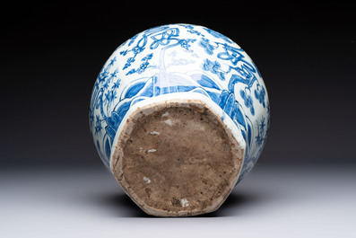 A Chinese blue and white hexagonal 'Three Friends of Winter' and 'shou 壽' vase, Wanli