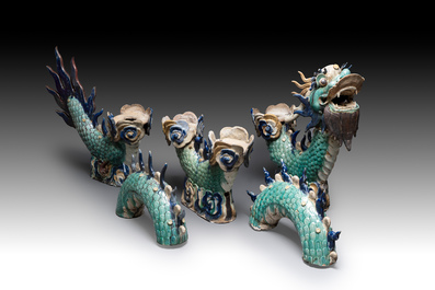 A large Chinese polychrome-glazed Shiwan stoneware dragon, 19th C.