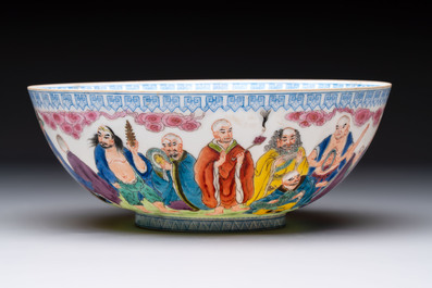 Four Chinese famille rose eggshell bowls with 'immortals' and 'landscape' design, Republic