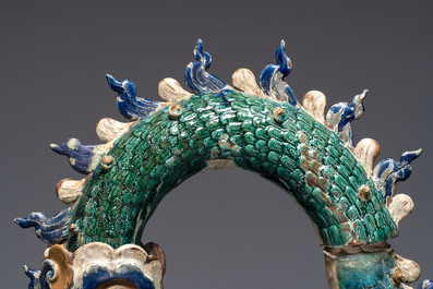 A pair of large Chinese polychrome-glazed Shiwan stoneware dragons, 19th C.
