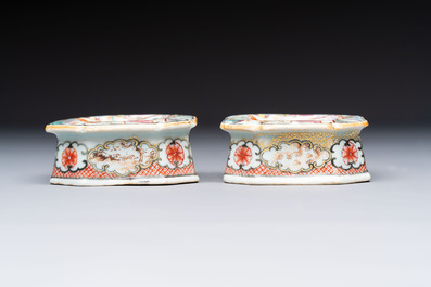A Chinese famille rose export milk jug, two salts and a barrel-shaped tankard, Qianlong