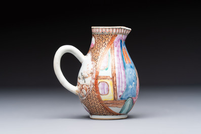 A Chinese famille rose export milk jug, two salts and a barrel-shaped tankard, Qianlong