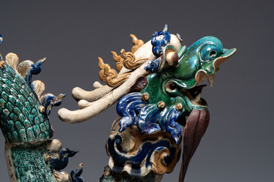 A pair of large Chinese polychrome-glazed Shiwan stoneware dragons, 19th C.