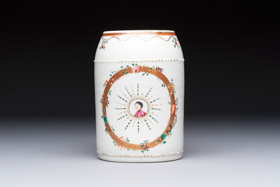 A Chinese famille rose export milk jug, two salts and a barrel-shaped tankard, Qianlong