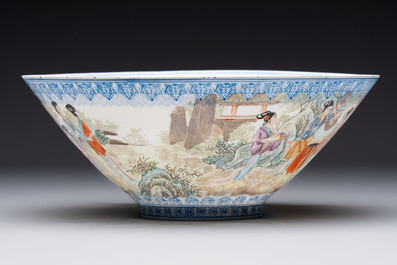 Four Chinese famille rose eggshell bowls with 'immortals' and 'landscape' design, Republic