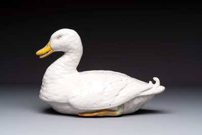 A polychrome French faience duck tureen and cover, Marseille, 18th C.