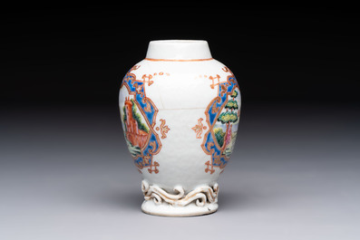 A rare Chinese famille rose 'European musical subject' tea caddy, Qianlong