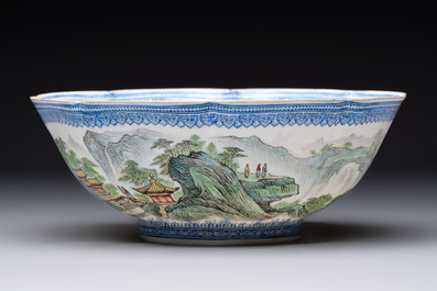 Four Chinese famille rose eggshell bowls with 'immortals' and 'landscape' design, Republic