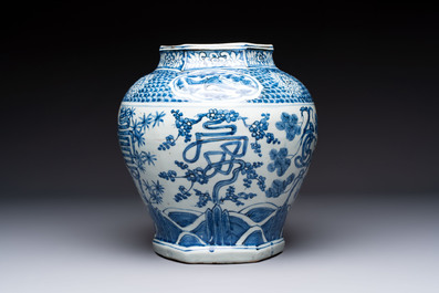 A Chinese blue and white hexagonal 'Three Friends of Winter' and 'shou 壽' vase, Wanli