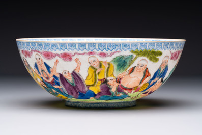Four Chinese famille rose eggshell bowls with 'immortals' and 'landscape' design, Republic
