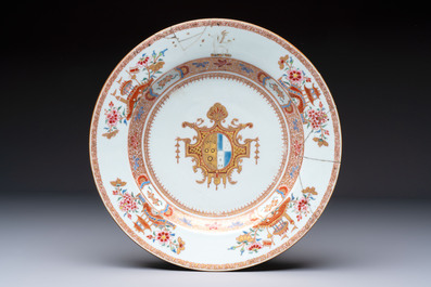 Four Chinese famille rose armorial plates and a dish, Qianlong
