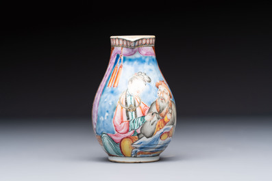 A Chinese famille rose export milk jug, two salts and a barrel-shaped tankard, Qianlong