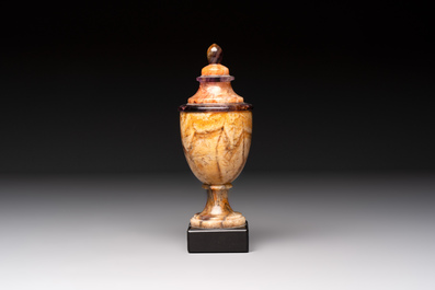 An English Blue John urn on black marble base, ca. 1900