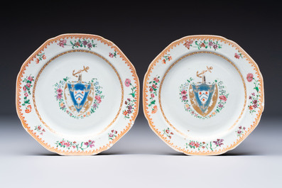 Four Chinese famille rose armorial plates and a dish, Qianlong