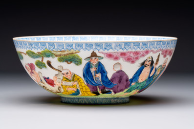 Four Chinese famille rose eggshell bowls with 'immortals' and 'landscape' design, Republic