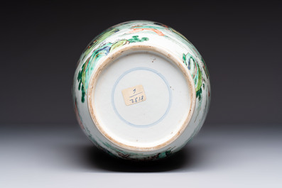 A fine Chinese famille verte 'Sanxing' rouleau vase with a gilt-bronze mount, Qing