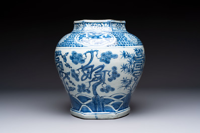 A Chinese blue and white hexagonal 'Three Friends of Winter' and 'shou 壽' vase, Wanli