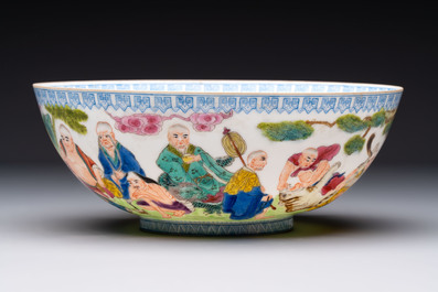 Four Chinese famille rose eggshell bowls with 'immortals' and 'landscape' design, Republic