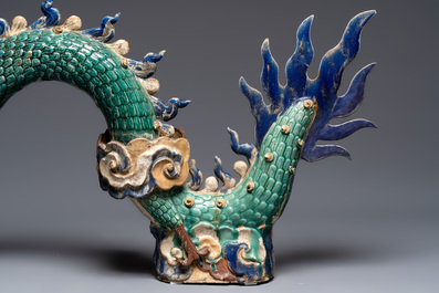 A pair of large Chinese polychrome-glazed Shiwan stoneware dragons, 19th C.