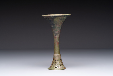 A Chinese archaic bronze wine vessel, 'gu 觚', early Shang