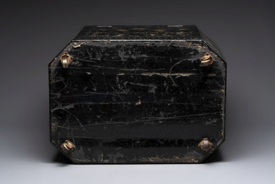 A large Chinese export mother-of-pearl-inlaid lacquer tea chest, 19th C.