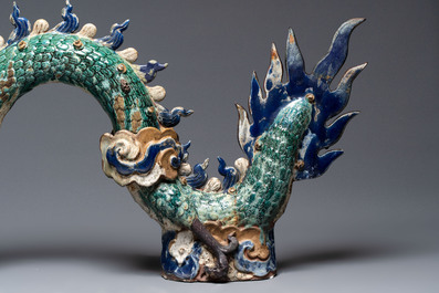 A pair of large Chinese polychrome-glazed Shiwan stoneware dragons, 19th C.
