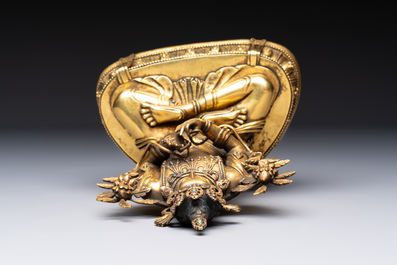 A fine Sino-Tibetan turquoise- and coral-inlaid gilt-bronze Buddha Maitreya, Kangxi