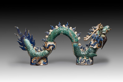 A pair of large Chinese polychrome-glazed Shiwan stoneware dragons, 19th C.