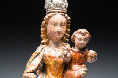 A polychromed carved wooden sculpture of a Madonna with Child, so called 'Poup&eacute;e de Malines', Flanders, Mechelen, 16th C.