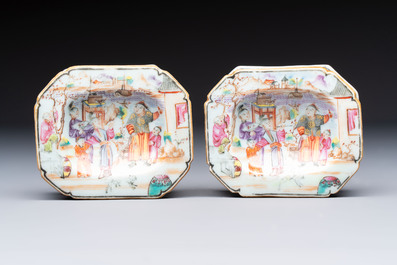A Chinese famille rose export milk jug, two salts and a barrel-shaped tankard, Qianlong