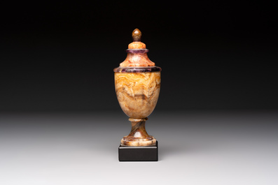 An English Blue John urn on black marble base, ca. 1900