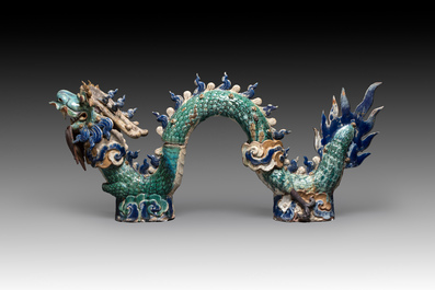 A pair of large Chinese polychrome-glazed Shiwan stoneware dragons, 19th C.