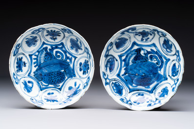 Two Chinese blue and white 'kraak' dishes and four plates, Wanli