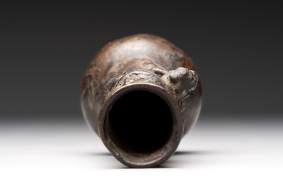 A small Chinese bronze vase with a chilong on a wooden stand, Yuan