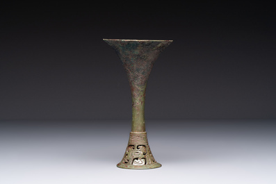 A Chinese archaic bronze wine vessel, 'gu 觚', early Shang