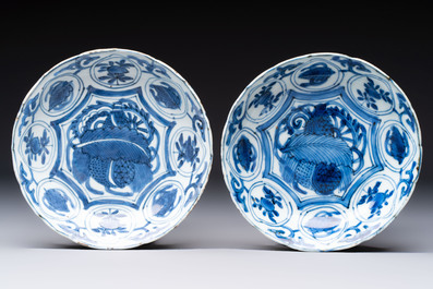 Two Chinese blue and white 'kraak' dishes and four plates, Wanli