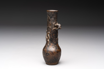 A small Chinese bronze vase with a chilong on a wooden stand, Yuan