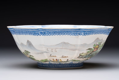 Four Chinese famille rose eggshell bowls with 'immortals' and 'landscape' design, Republic
