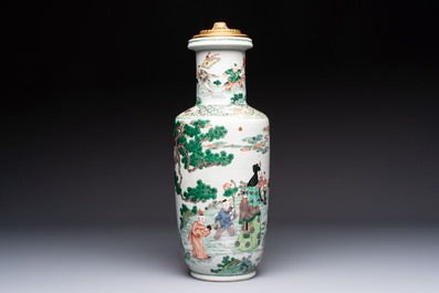 A fine Chinese famille verte 'Sanxing' rouleau vase with a gilt-bronze mount, Qing