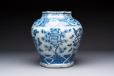 A Chinese blue and white hexagonal 'Three Friends of Winter' and 'shou 壽' vase, Wanli
