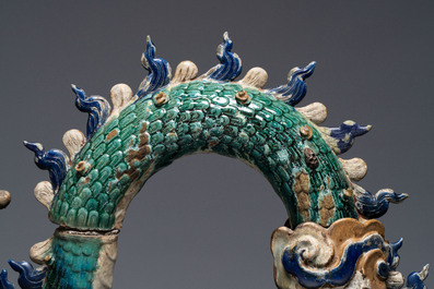 A pair of large Chinese polychrome-glazed Shiwan stoneware dragons, 19th C.