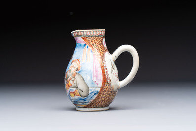 A Chinese famille rose export milk jug, two salts and a barrel-shaped tankard, Qianlong
