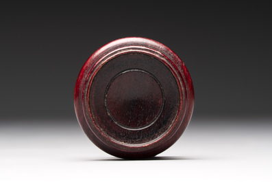 A small Chinese bronze vase with a chilong on a wooden stand, Yuan