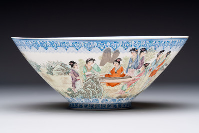 Four Chinese famille rose eggshell bowls with 'immortals' and 'landscape' design, Republic