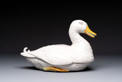 A polychrome French faience duck tureen and cover, Marseille, 18th C.